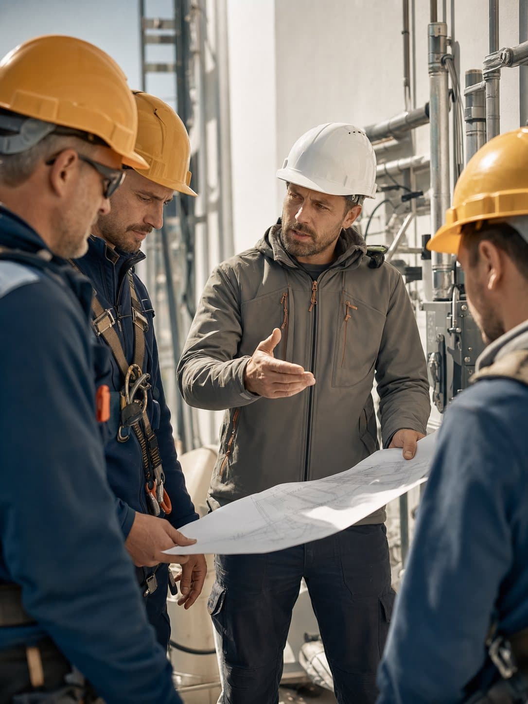 Kierownik z dokumentacją nad zespołem instalatorów