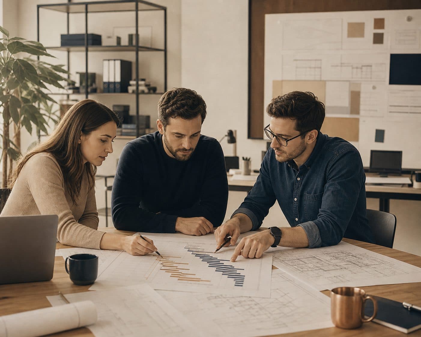 Zespół projektowy omawia dokumentację techniczną